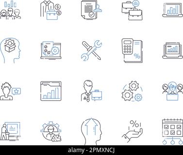 Data Analytics outline icons collection. Data, Analytics, Science, Insight, Processing, Modeling, Visualization vector and illustration concept set Stock Vector