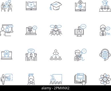 Teaching outline icons collection. Tutor, Instruct, Educate, Guide, Coach, Direct, Lecture vector and illustration concept set. Mentor, School, Teach Stock Vector
