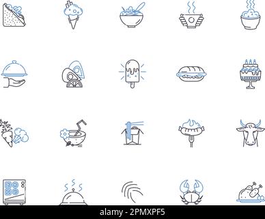 Grocery store outline icons collection. Grocery, Store, Supermarket, Foods, Produce, Fruits, Vegetables vector and illustration concept set. Beverages Stock Vector