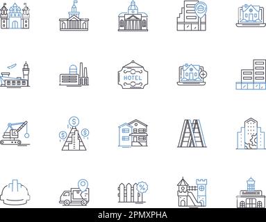 Realty and building outline icons collection. Realty, Building, Estate, Property, Land, Investment, Construction vector and illustration concept set Stock Vector