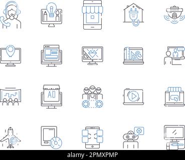 Media technologies outline icons collection. Multimedia, Broadcasting, Streaming, Video, Audio, Graphics, Webcast vector and illustration concept set Stock Vector