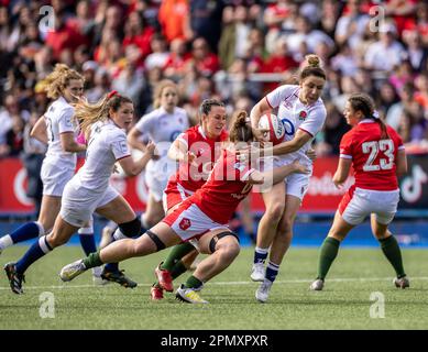 England's Sarah McKenna is tackled during the third round of the TikTok Women's Six Nations, Cardiff Arms Park, Cardiff. Picture date: Saturday April 15, 2023. Stock Photo