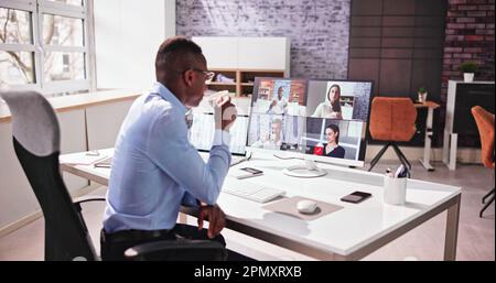Virtual Video Conference Call Coffee Drinking Break Stock Photo