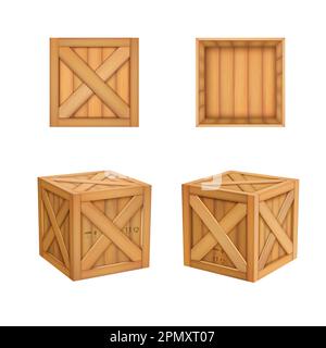 Open wooden box. Realistic wood crate. Empty container for gift or cargo. Brown moving board for freight. Post parcel. Top or side view. Shipping packaging. Vector isolated square storage packages set Stock Vector
