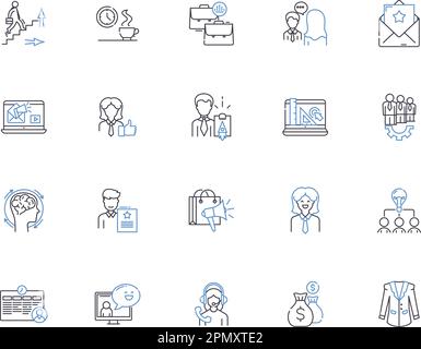 Business ethics outline icons collection. Integrity, Morality, Respect, Responsibility, Honesty, Fairness, Confidentiality vector and illustration Stock Vector