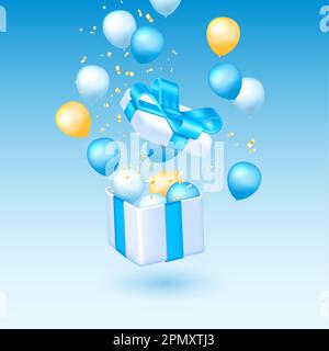 Open gift box, 3d blue and yellow flying balloon. Surprise birthday present, gold confetti render, new celebration. Winner festive congratulations. Container with balls. Vector realistic background Stock Vector
