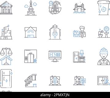 Housekeeping outline icons collection. cleaning, laundry, dusting, vacuuming, mopping, scrubbing, tidying vector and illustration concept set Stock Vector