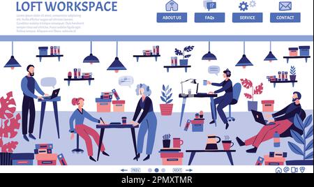 Doodle loft workspace. Office landing page. Creative work space for startup team. Coworking room. Social and business workplace. People with computers. Website interface design. Vector digital concept Stock Vector