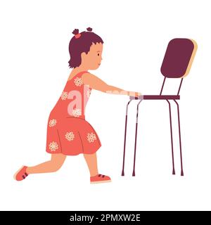 Baby girl. Cartoon adorable kid learning to walk or playing with chair. Human age. Daughters skills growth and evolution. Standing little child. Sweet infant in dress. Vector childhood illustration Stock Vector
