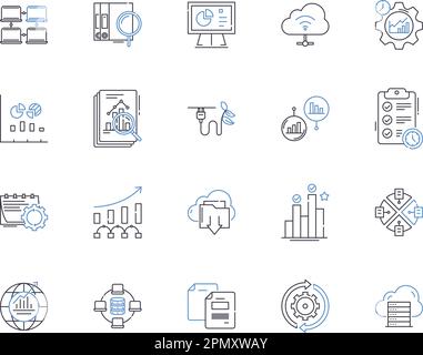 Data and computer outline icons collection. Data, Computer, Analysis, Science, Networking, Technology, Storage vector and illustration concept set Stock Vector