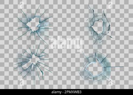 Broken glass. Break screen. Bullet shot hole in pane with cracks. Window crash. Smash and shatter. Windscreen fragments. Transparent background. Damage surface effects set. Vector realistic texture Stock Vector