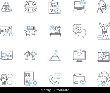 Working team outline icons collection. Collaborative, Unit, Cooperative, Productive, Efficient, Effective, Unified vector and illustration concept set Stock Vector