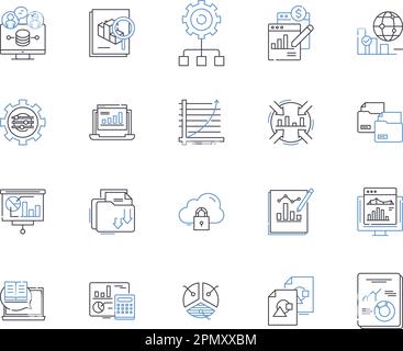 Data and computer outline icons collection. Data, Computer, Analysis, Science, Networking, Technology, Storage vector and illustration concept set Stock Vector