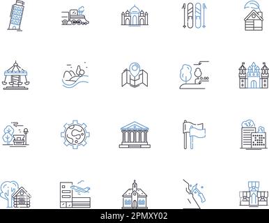World travel outline icons collection. tourism, journey, trips, explorer, expeditions, wanderlust, cruises vector and illustration concept set Stock Vector