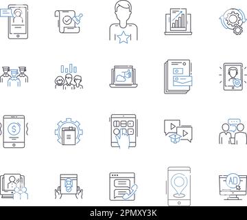 news media outline icons collection. News, Media, Journalism, Information, Broadcast, Reports, Stories vector and illustration concept set. Headlines Stock Vector