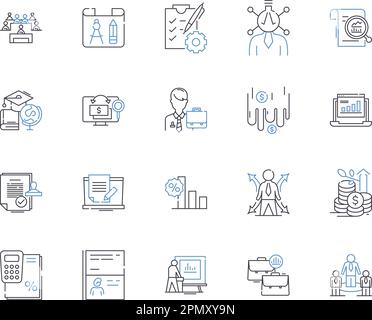 Market analysis outline icons collection. Market, Analysis, Research, Study, Trends, Strategy, Data vector and illustration concept set. Competition Stock Vector