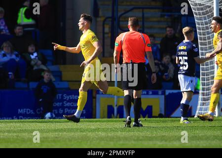 15th April 2023;  Dens Park, Dundee, Scotland: Scottish Championship Football, Dundee versus Greenock Morton; Darragh O'Connor of Greenock Morton celebrating after scoring for 1-0 in the 17th minute Stock Photo