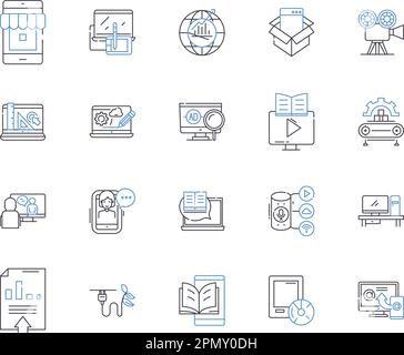 Media corporation outline icons collection. Media, Corporation, Publishing, News, Print, Digital, Network vector and illustration concept set Stock Vector