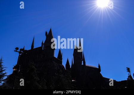 Silhouette of the Hogwarts Castle in the Universal Studios Theme Park, The Wizarding World Of Harry Potter Section. Hollywood, California, USA Stock Photo