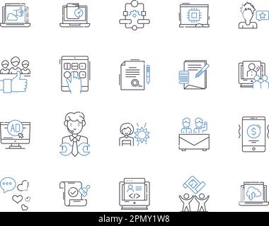 public relations outline icons collection. PR, Communications, Media, Promotion, Publicity, Reputation, Networks vector and illustration concept set Stock Vector