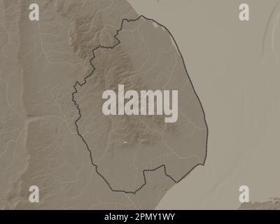 East Lindsey, non metropolitan district of England - Great Britain. Elevation map colored in sepia tones with lakes and rivers Stock Photo