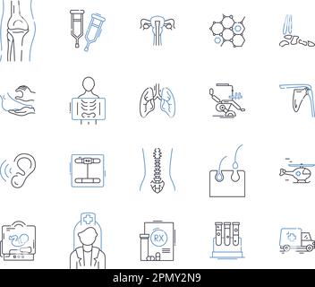 Health check up outline icons collection. Examination, Diagnosis, Reviews, Tests, Scans, Ultrasounds, Screening vector and illustration concept set Stock Vector