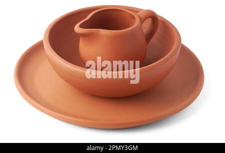 empty clay pots or earthenware isolated on white background, terra cotta containers used to store, cook food and decorative purposes Stock Photo