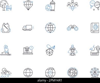 Adventure outline icons collection. Exploration, Trekking, Hiking, Backpacking, Mountaineering, Climbing, Camping vector and illustration concept set Stock Vector