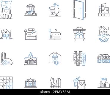 Housekeeping outline icons collection. cleaning, laundry, dusting, vacuuming, mopping, scrubbing, tidying vector and illustration concept set Stock Vector