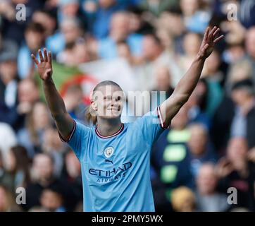 Etihad Stadium, Manchester, UK. 15th Apr, 2023. Premier League Football, Manchester City versus Leicester City; Erling Haaland of Manchester City acknowledges the crowd after scoring his second and City's third goal to make it 3-0 in the 26th minute Credit: Action Plus Sports/Alamy Live News Stock Photo