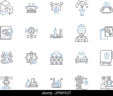 Industrial business outline icons collection. Industry, Business, Manufacturing, Factory, Industrialization, Commerce, Processing vector and Stock Vector