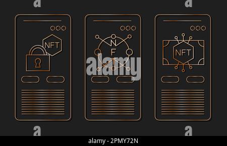 NFT vector icon card. Non-fungible token. Gold on black background. vector Stock Vector