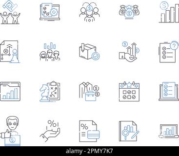 Market analysis outline icons collection. Market, Analysis, Research, Study, Trends, Strategy, Data vector and illustration concept set. Competition Stock Vector