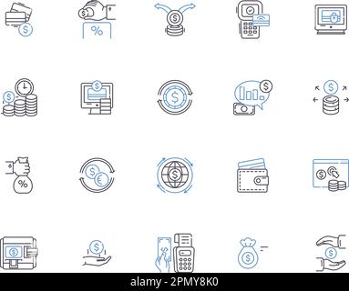 Payment outline icons collection. Fee, Remittance, Tribute, Dues, Spend, Compensation, Stipend vector and illustration concept set. Conferment, Yield Stock Vector