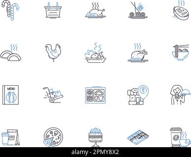 Grocery store outline icons collection. Grocery, Store, Supermarket, Foods, Produce, Fruits, Vegetables vector and illustration concept set. Beverages Stock Vector