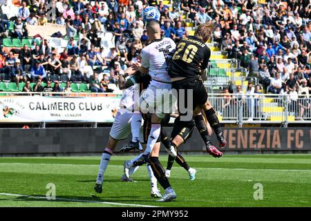 Venice, Italy. 15th Apr, 2023. Palermo's Ivan Marconi and Venezia's Joel Pohjanpalo Credit: Live Media Publishing Group/Alamy Live News Stock Photo