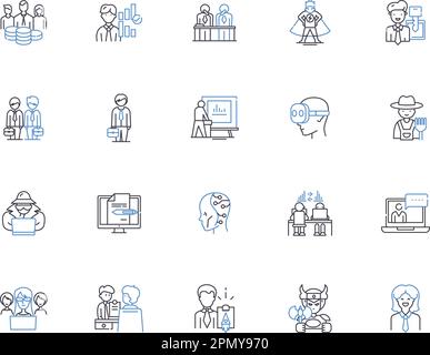 Job searching outline icons collection. Job hunting, Recruiting, Applying, Interviewing, Networking, Contracting, Prospecting vector and illustration Stock Vector