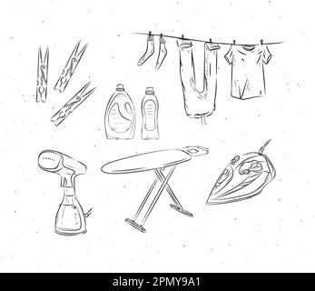 Ironing and laundry accessories clothespin, clothesline, steamer, board, iron, powder, conditioner, linen, wash, soap drawing in graphic style on whit Stock Vector