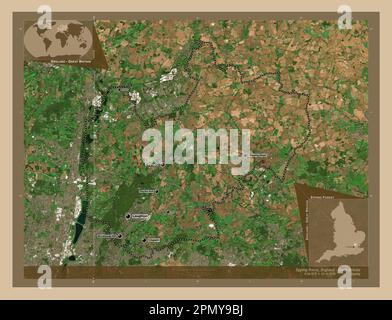 Epping Forest, non metropolitan district of England - Great Britain. Low resolution satellite map. Locations and names of major cities of the region. Stock Photo