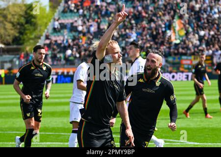 Venice, Italy. 15th Apr, 2023. Happiness of Venezia's Michael Svoboda after goal on freekick Credit: Live Media Publishing Group/Alamy Live News Stock Photo