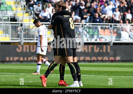 Venice, Italy. 15th Apr, 2023. Happiness of Venezia's Tanner Tessmann after Venice's 3rd goal Credit: Live Media Publishing Group/Alamy Live News Stock Photo