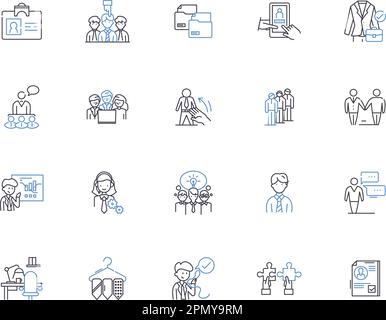 Office outline icons collection. Workplace, Desk, Chair, Computers, Stationery, Printer, Filing vector and illustration concept set. Management Stock Vector