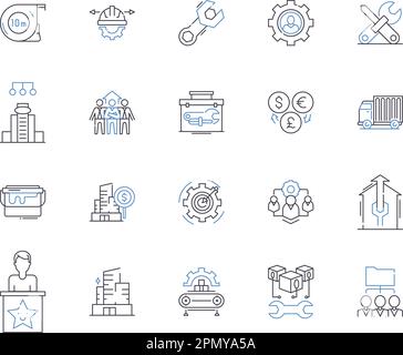 Industrial business outline icons collection. Industry, Business, Manufacturing, Factory, Industrialization, Commerce, Processing vector and Stock Vector