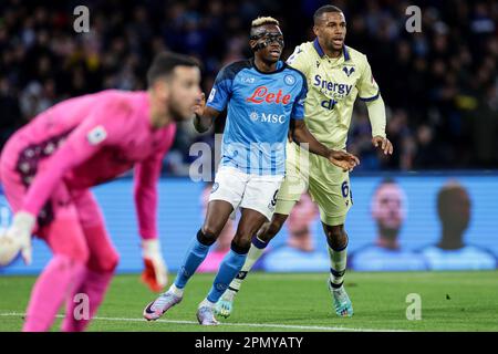 Naples, Italy. 15th Apr, 2023. Victor Osimhen of SSC Napoli and Isak Hien of Hellas Verona during the Serie A football match between SSC Napoli and Hellas Verona at Diego Armando Maradona stadium in Naples (Italy), April 15th, 2023. Credit: Insidefoto di andrea staccioli/Alamy Live News Stock Photo