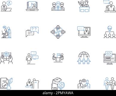 Teaching outline icons collection. Tutor, Instruct, Educate, Guide, Coach, Direct, Lecture vector and illustration concept set. Mentor, School, Teach Stock Vector