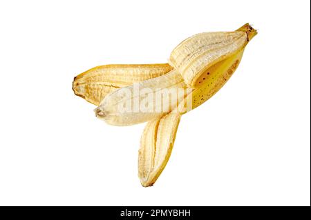 Half peeled banana with sugar spots isolated on white. Ripe yellow spotted fruit. Cavendish variety of Musa acuminata. Stock Photo