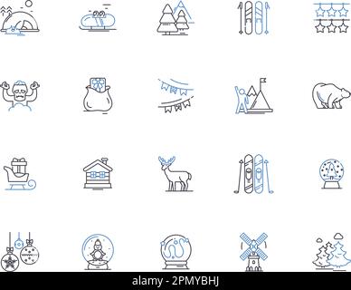 Winter holidays outline icons collection. Christmas, New Year, Snow, Skiing, Reindeer, Elves, Sleigh vector and illustration concept set. Frost Stock Vector