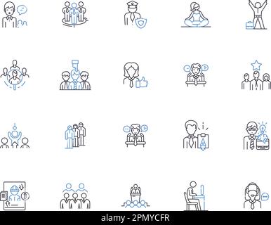 Job searching outline icons collection. Job hunting, Recruiting, Applying, Interviewing, Networking, Contracting, Prospecting vector and illustration Stock Vector