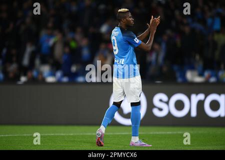 Naples, Italy. 15th Apr, 2023. Victor Osimhen of SSC Napoli gestures during the Serie A match between SSC Napoli and Hellas Verona at Stadio Diego Armando Maradona, Naples, Italy on April 15, 2023. Credit: Nicola Ianuale/Alamy Live News Stock Photo