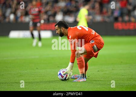 15th April 2023;  CommBank Stadium, Sydney, NSW, Australia: A-League Football, Western Sydney Wanderers versus Melbourne Victory; Paul Izzo of Melbourne Victory gathers the through ball Credit: Action Plus Sports Images/Alamy Live News Stock Photo